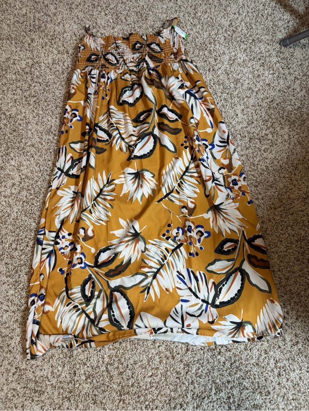 Mustard Floral Smocked Maxi Dress with Tropical Print